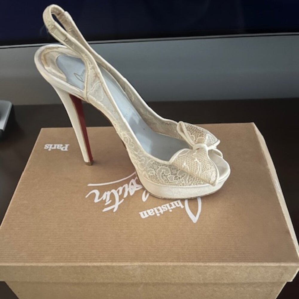 Christian Louboutin peep toe platform heels lace cream